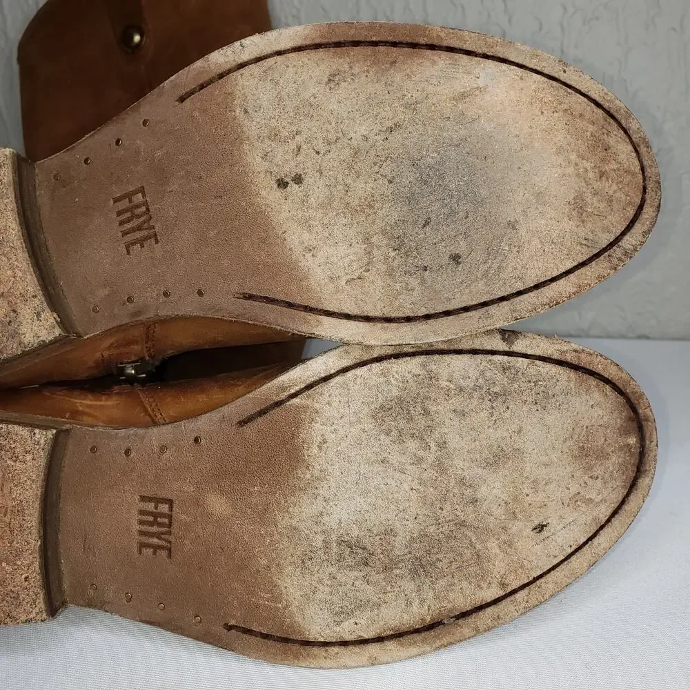 Frye Melissa Size 7B Button Inside Zip Tall Leather Boots Cognac Distressed